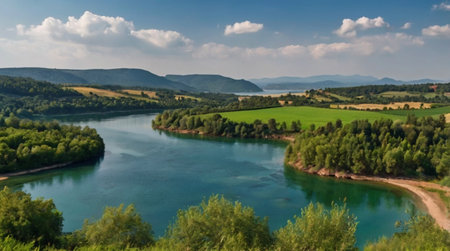A serene lake at dusk with pink and purple reflections.の写真素材