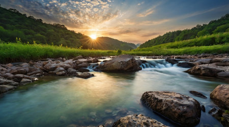 A dramatic cliffside waterfall misting into the sea.の写真素材
