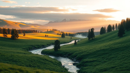 A tranquil lakeside forest glowing at golden hour.