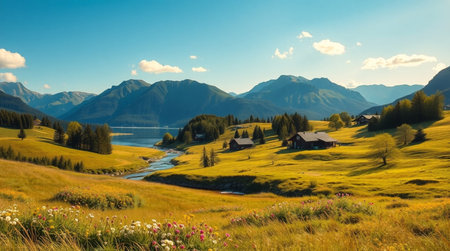 A tropical valley with a river flowing through lush green fields and vibrant wildflowers.の写真素材