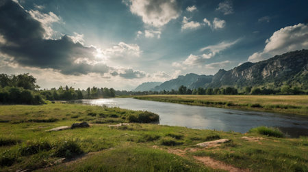 Beautiful summer landscape with river and mountains. Panoramic view