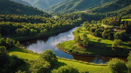 Aerial view of a river in the middle of a valley.の写真素材
