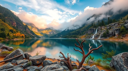 Mountain lake at sunset. Beautiful natural landscape with mountain lake.の写真素材