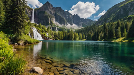 panoramic view of beautiful alpine lake with crystal clear waterの写真素材