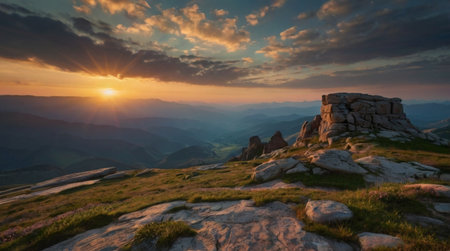 Beautiful sunset in the mountains. Panoramic view of the rock.の写真素材