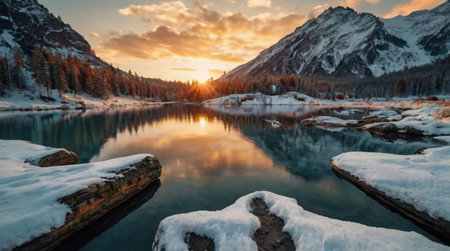 Beautiful winter landscape with lake and mountains in the background at sunset.の写真素材