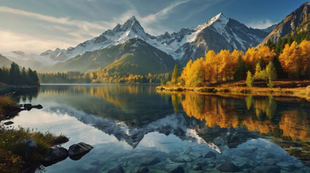 Beautiful autumn landscape with alpine lake and mountains reflected in water