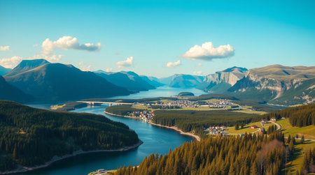 Panoramic view of the lake and mountainsの写真素材