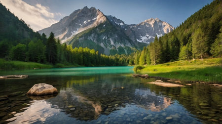 Panoramic view of alpine lake in Karwendel mountains, Austria