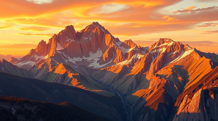 Sunset in the mountains. Panoramic view of the Alps.