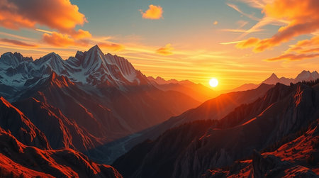 beautiful sunset in the mountains, 3d rendering. Computer digital drawing.の写真素材