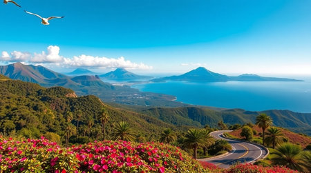 Panoramic view of Mount Batur, Bali, Indonesiaの写真素材