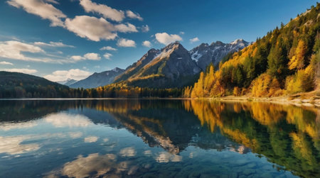 Panoramic view of the autumn alpine lake. Reflection of mountains in water.