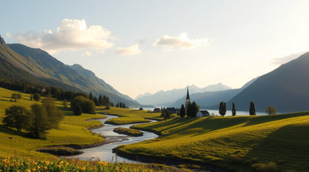 Panoramic view of the Church of St. Mary Magdalene in the Swiss Alps
