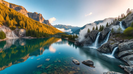 Beautiful alpine lake with waterfallの写真素材