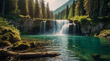Beautiful view of a waterfall in the mountains. Summer landscape.の写真素材