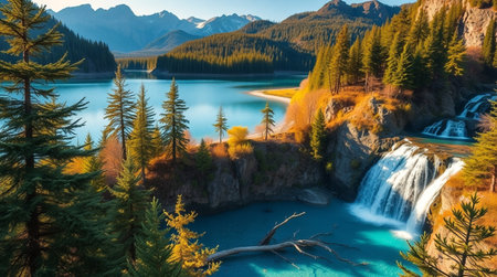 Fantastic panorama of turquoise emerald lake with waterfall in the mountains