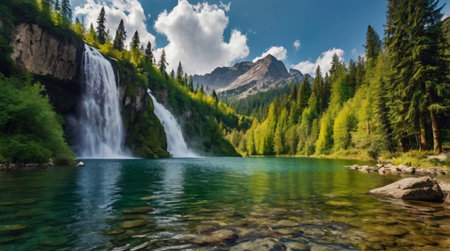 Panoramic view of a beautiful waterfall