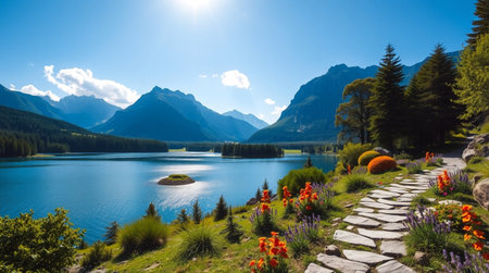 A peaceful forest path surrounded by tall pine trees and scattered wildflowers.