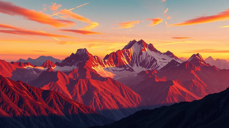 Beautiful sunset over the mountains. 3d rendering. Computer digital drawing.の写真素材