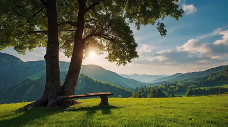 Wooden bench on the grassy meadow in the mountains.の写真素材