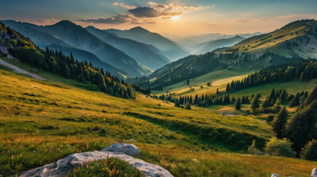 Beautiful summer landscape in the mountains at sunset. Carpathians, Ukraine
