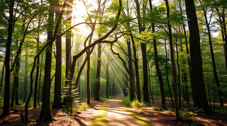 Sunlight in the green forest. Spring landscape. Sunlight in the forestの写真素材