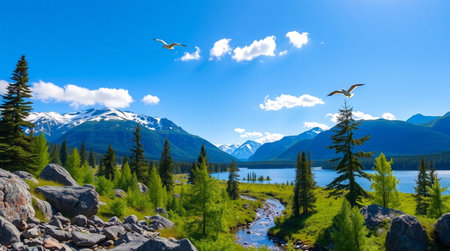 Mountains and lake in Jasper National Park, Alberta, Canada.の写真素材
