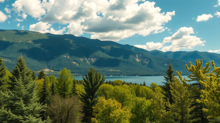 Beautiful view of the lake and mountains on a sunny day.