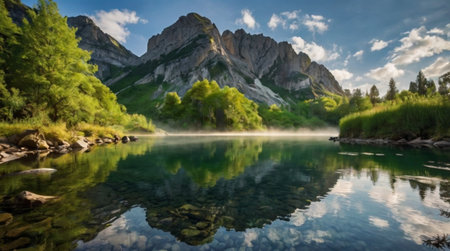 Beautiful lake in the mountains. Landscape with mountains and sky