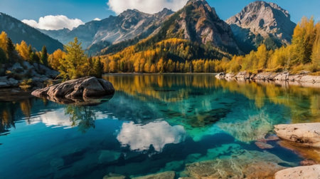 Panoramic view of the alpine lake in the autumn. Beautiful mountain landscape.
