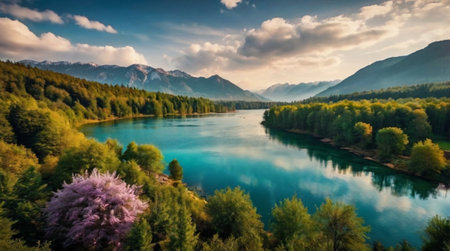 Beautiful spring landscape with lake and mountains in the background. Landscape photography.の写真素材