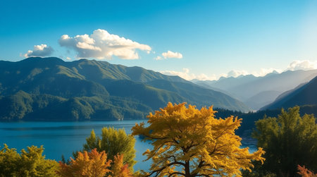 Beautiful autumn landscape with lake and mountains. Panoramic viewの写真素材