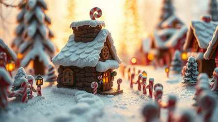 Christmas and New Year holidays background. Festive gingerbread houses in the snow.
