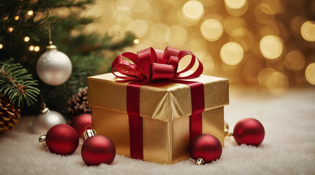 Metallic ornaments reflect soft golden Christmas lighting beautifully.