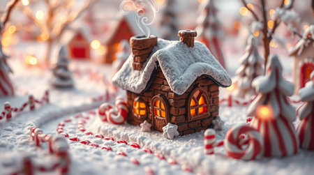 Christmas gingerbread house with candy canes in the snow, Christmas backgroundの写真素材