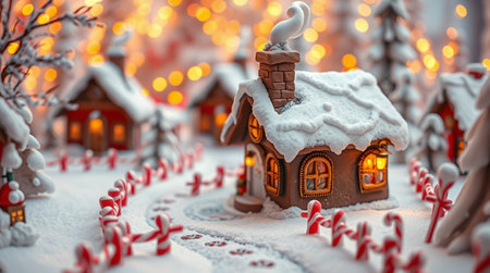 Gingerbread houses in the snow. Christmas and New Year background.の写真素材