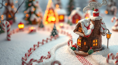 Gingerbread house in snow with christmas lights. 3d renderingの写真素材