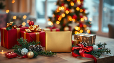 High-detail tabletop filled with metallic gold ornaments, rich red gift boxes, and soft bokeh from a Christmas tree in the background.の写真素材