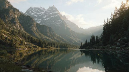 An ultra-detailed lakefront with towering fir trees and misty atmosphere.の写真素材