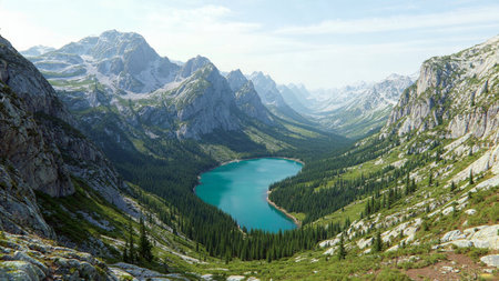 A dramatic valley of wildflowers beneath towering cliffs.の写真素材