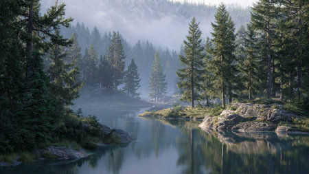 Morning fog weaving between tall evergreen trees beside a lake.