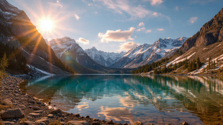 A forest valley covered in light morning haze.の写真素材