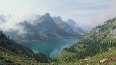 Snowy mountain peaks receiving the first light of sunrise.の写真素材