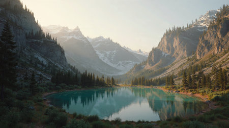 Dramatic mountain peaks rising above glowing sunset skies.の写真素材