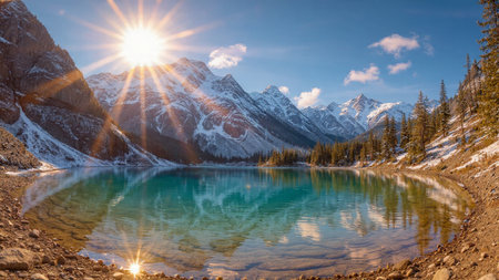 Morning sunlight painting snowy peaks with soft golden tones.の写真素材