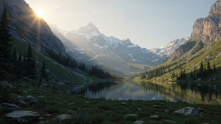 A deep turquoise lake surrounded by high mountain walls.の写真素材