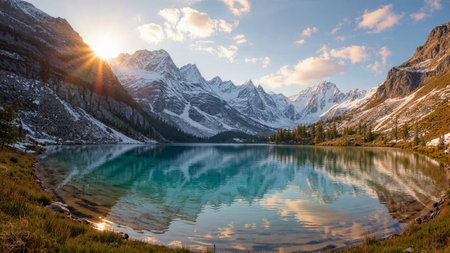 A peaceful alpine meadow framed by distant snowy summits.