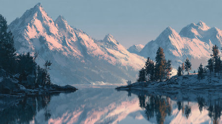A photorealistic alpine lake with vibrant reflections and dramatic overhead cloud formations.の写真素材