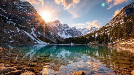 Sunset reflections shimmering across a calm alpine lake surface.の写真素材